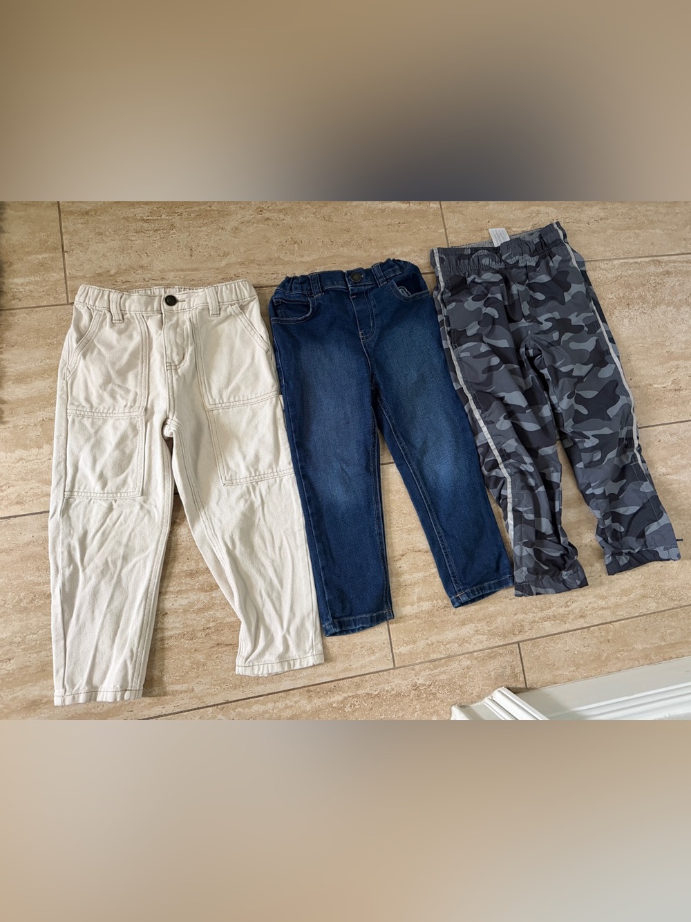 Kids Neutral, Denim & Camo Jogger Pants Trio - Beige, Navy, Gray